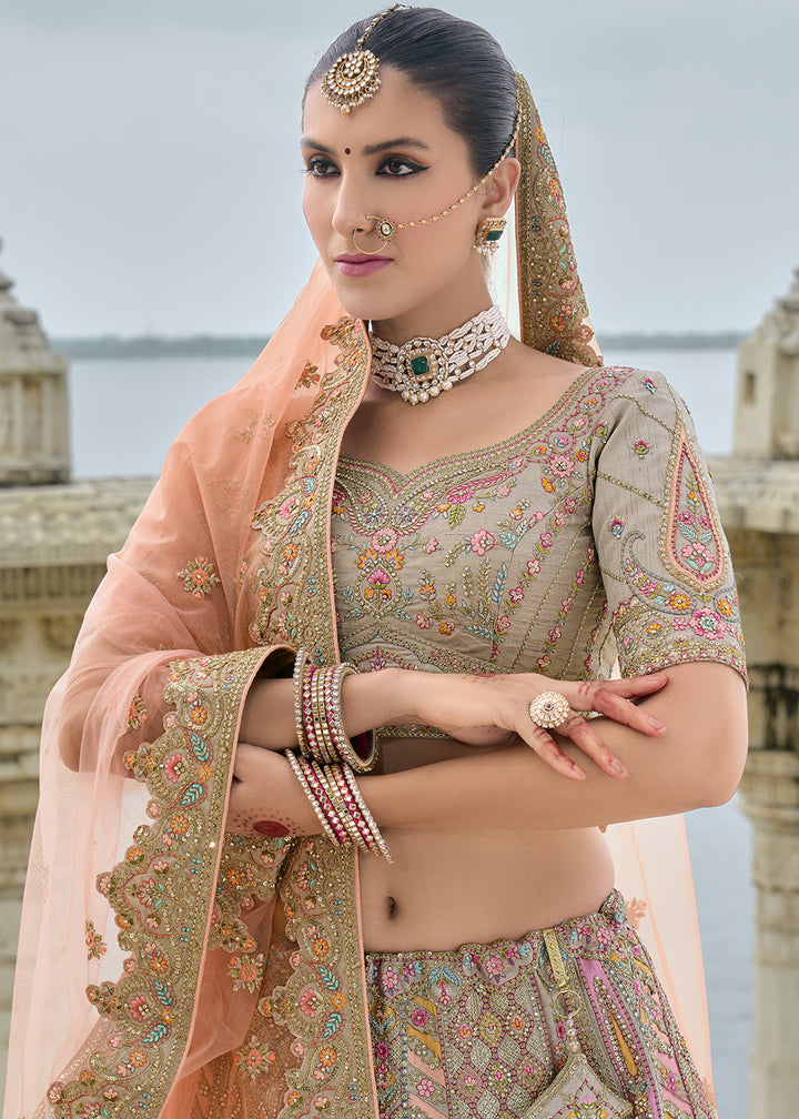 Grey & Orange Banarasi Silk Lehenga Choli with Elegant Khatli Work and Handcrafted Embroidery