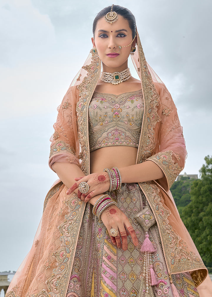 Grey & Orange Banarasi Silk Lehenga Choli with Elegant Khatli Work and Handcrafted Embroidery