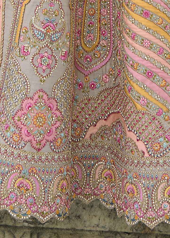 Grey & Orange Banarasi Silk Lehenga Choli with Elegant Khatli Work and Handcrafted Embroidery