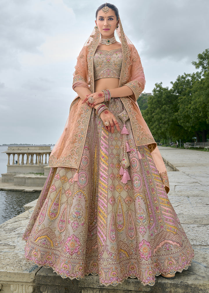 Grey & Orange Banarasi Silk Lehenga Choli with Elegant Khatli Work and Handcrafted Embroidery