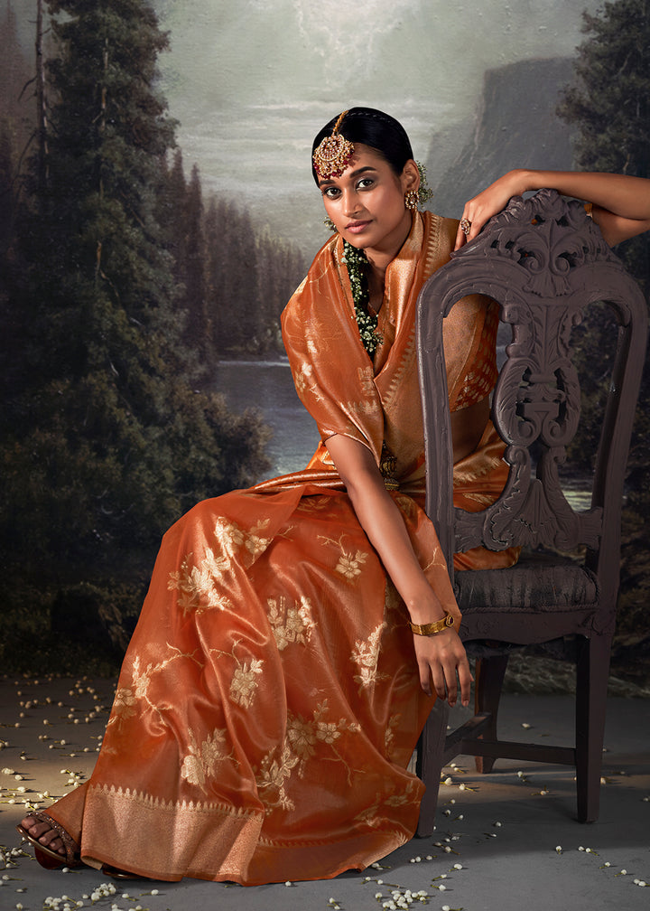 Yam Orange Zari Embellished Banarasi Organza Silk Saree