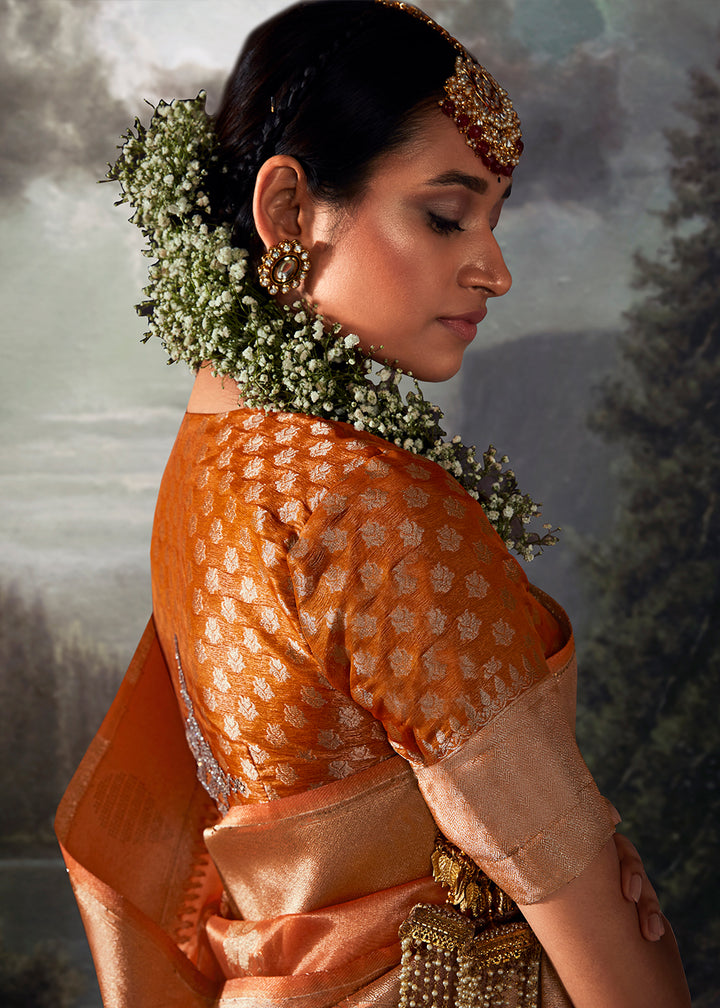 Yam Orange Zari Embellished Banarasi Organza Silk Saree