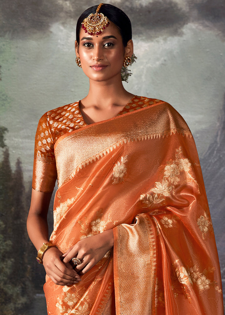 Yam Orange Zari Embellished Banarasi Organza Silk Saree