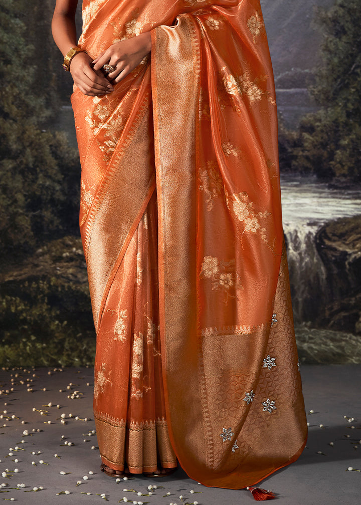 Yam Orange Zari Embellished Banarasi Organza Silk Saree