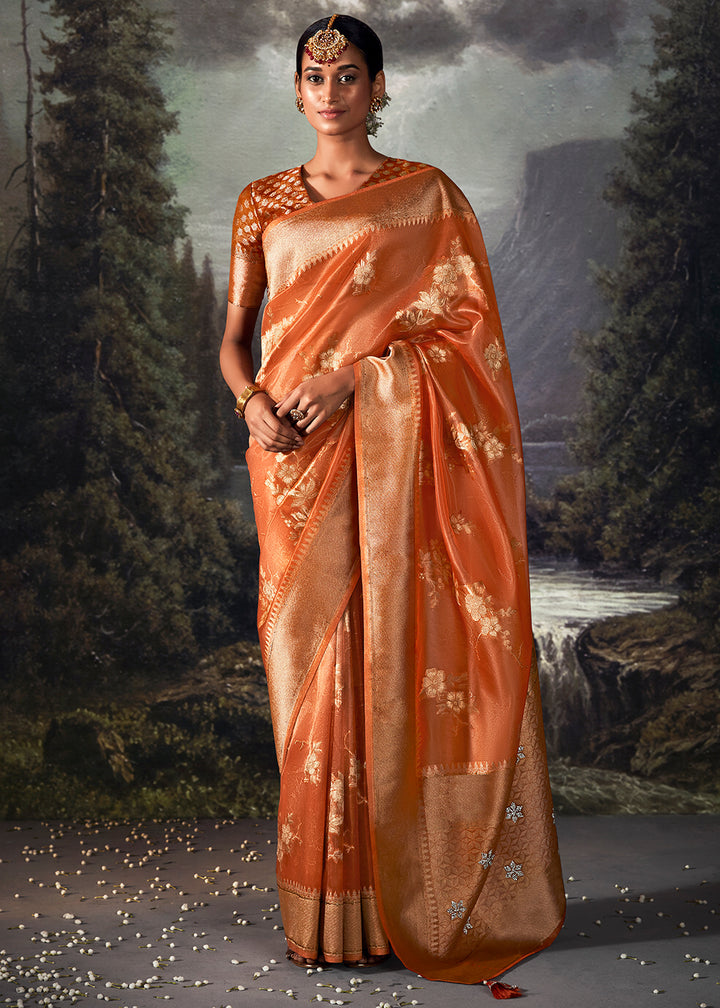 Yam Orange Zari Embellished Banarasi Organza Silk Saree
