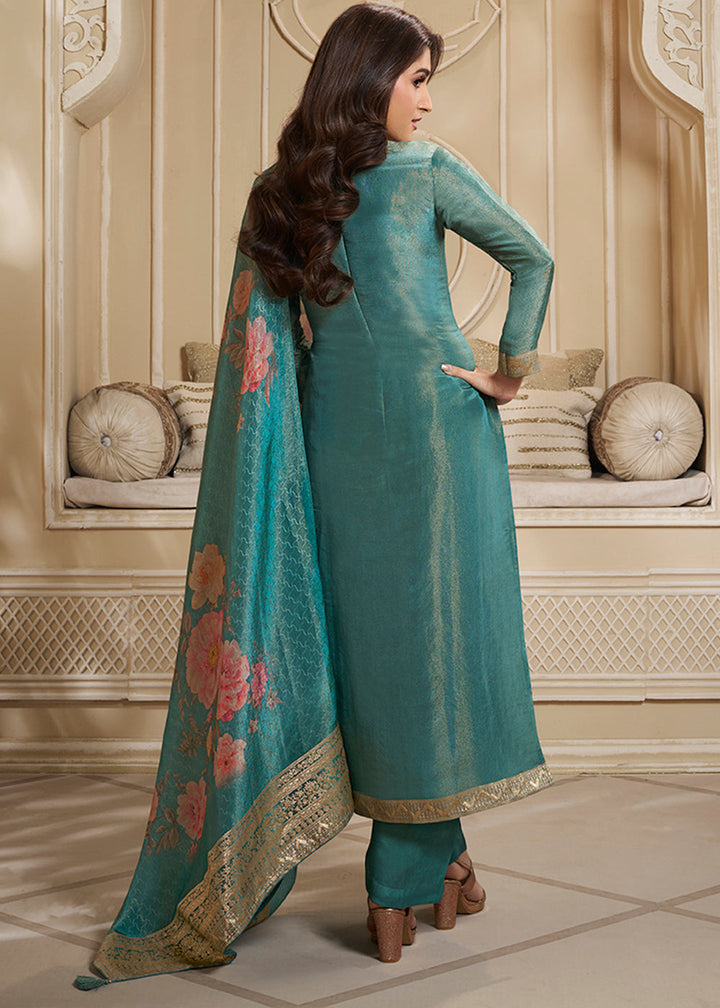 Teal Green Jacquard Suit in Tissue Silk Featuring Floral Jaal