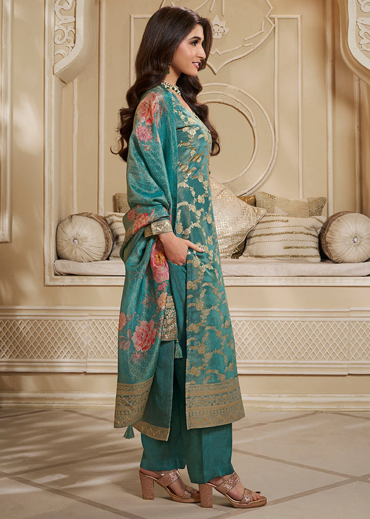Teal Green Jacquard Suit in Tissue Silk Featuring Floral Jaal
