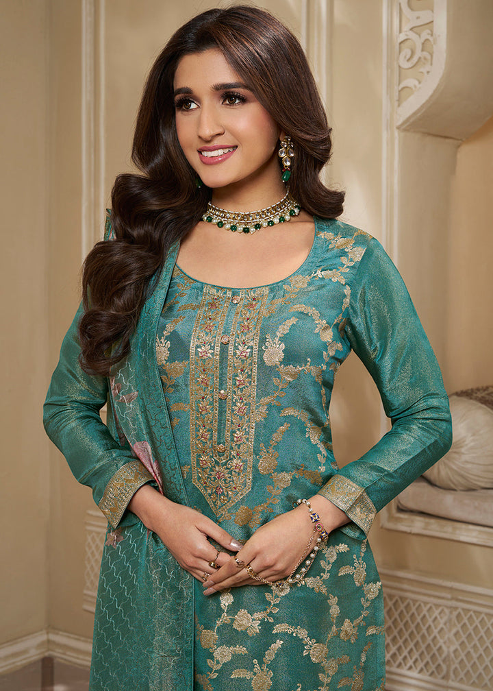 Teal Green Jacquard Suit in Tissue Silk Featuring Floral Jaal