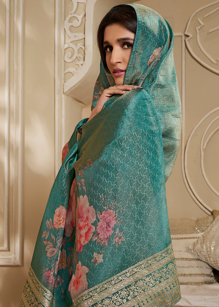 Teal Green Jacquard Suit in Tissue Silk Featuring Floral Jaal