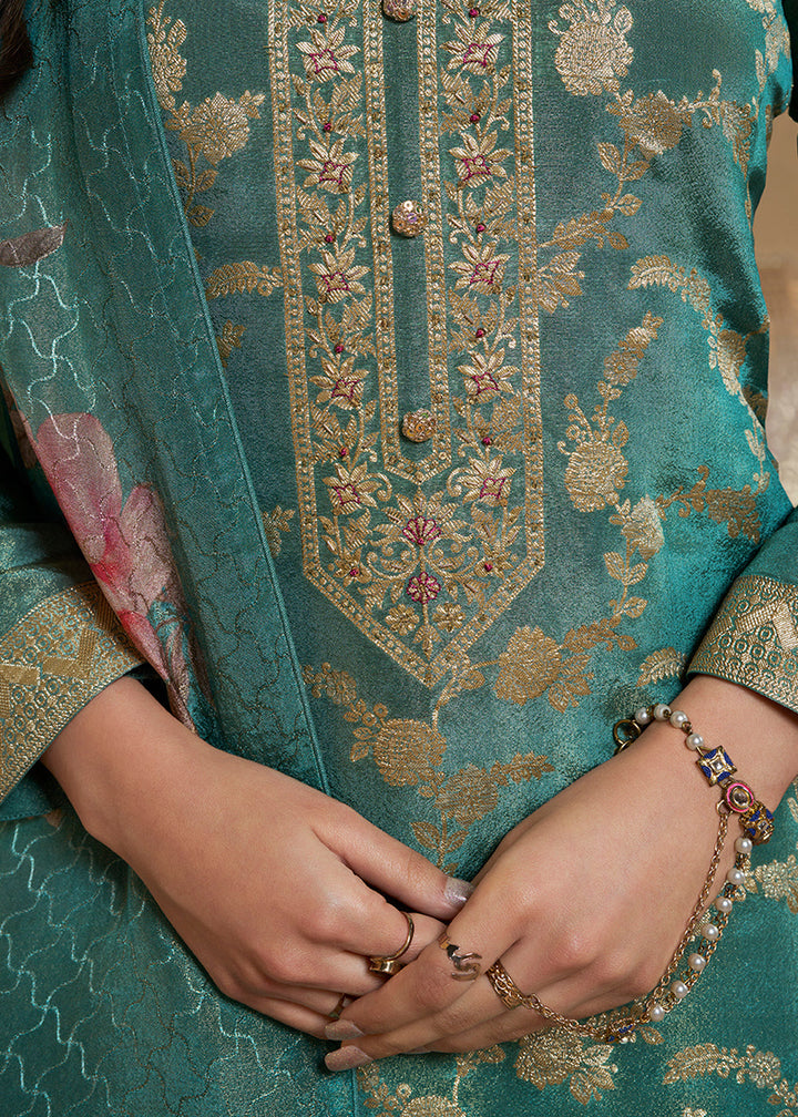Teal Green Jacquard Suit in Tissue Silk Featuring Floral Jaal