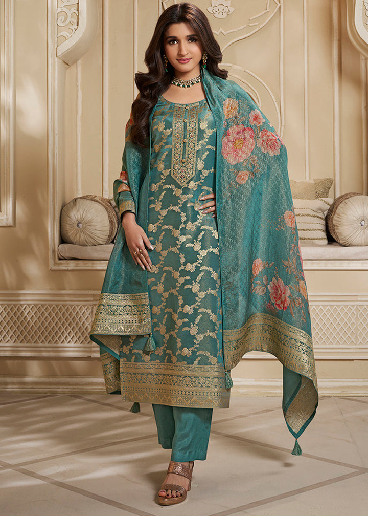 Teal Green Jacquard Suit in Tissue Silk Featuring Floral Jaal