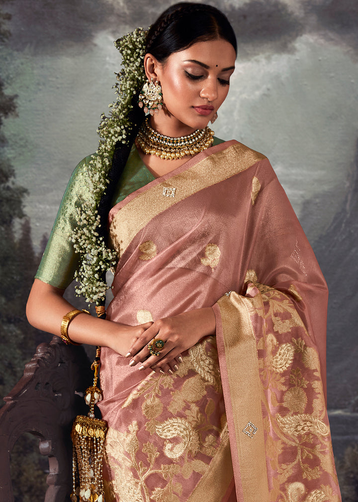 Wild Orchid Pink Zari Embellished Banarasi Organza Silk Saree