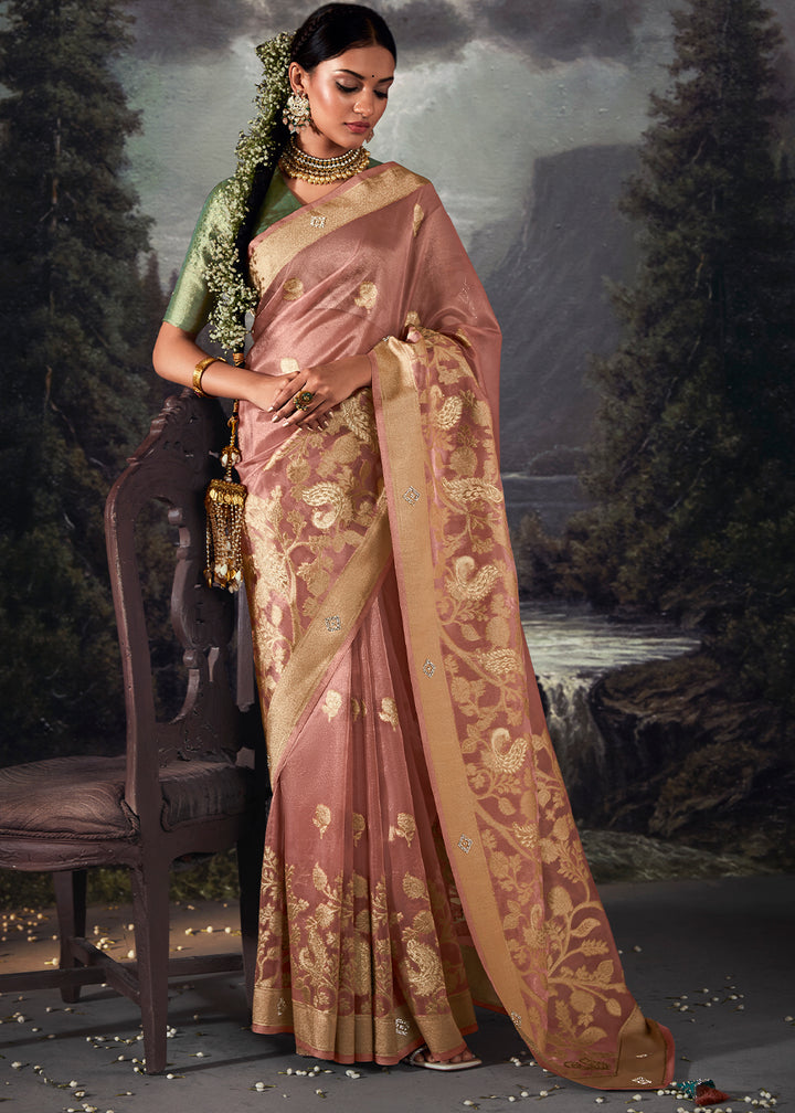 Wild Orchid Pink Zari Embellished Banarasi Organza Silk Saree