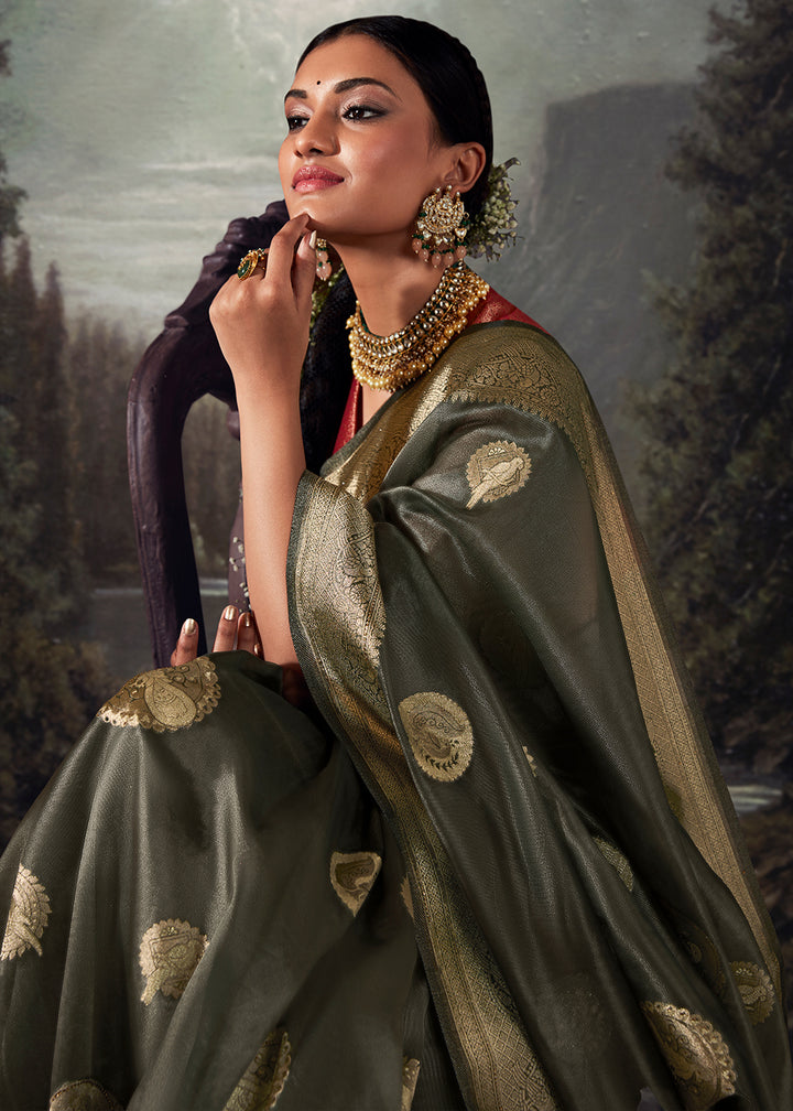 Dove Grey Zari Embellished Banarasi Organza Silk Saree