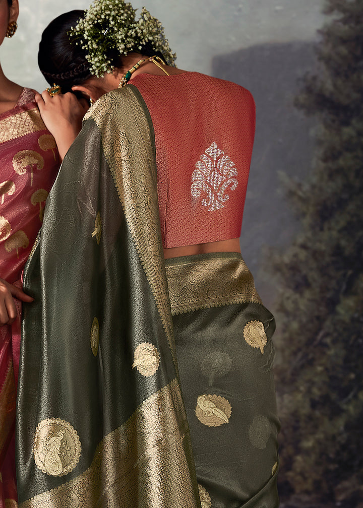 Dove Grey Zari Embellished Banarasi Organza Silk Saree