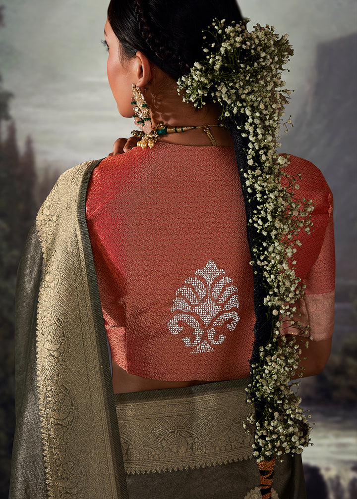 Dove Grey Zari Embellished Banarasi Organza Silk Saree