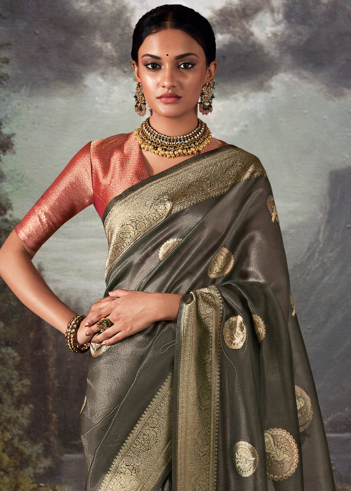 Dove Grey Zari Embellished Banarasi Organza Silk Saree