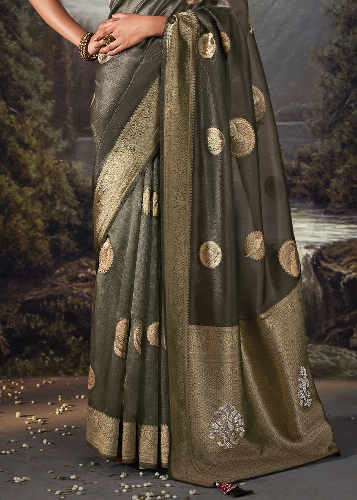 Dove Grey Zari Embellished Banarasi Organza Silk Saree