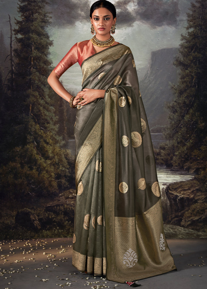 Dove Grey Zari Embellished Banarasi Organza Silk Saree