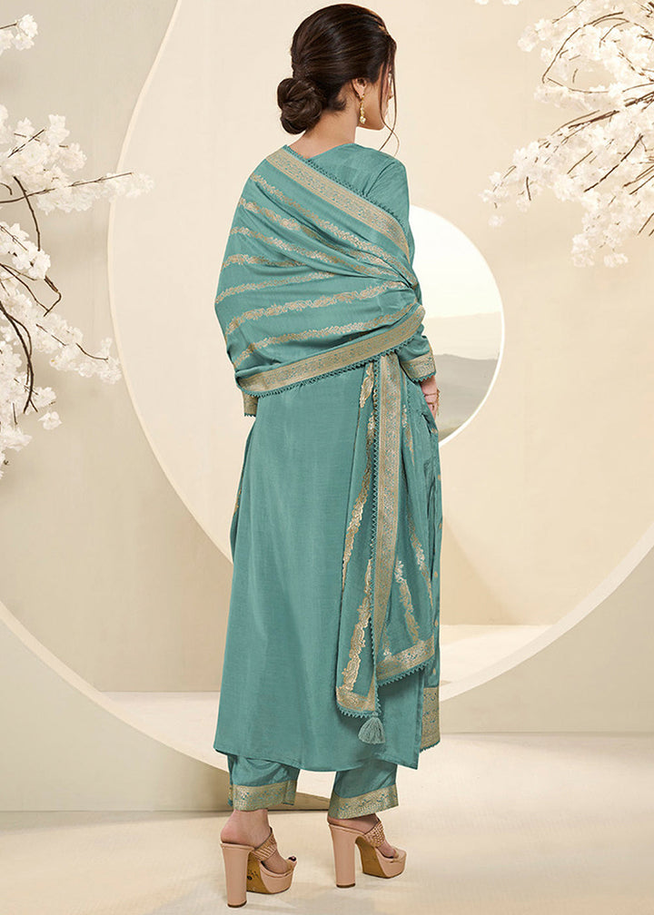 Sea Green Jacquard Muslin Suit with Buttis & Handwork