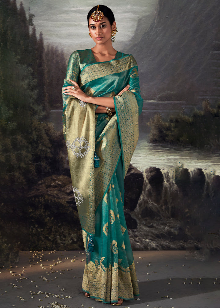 Star Command Blue Zari Embellished Banarasi Organza Silk Saree