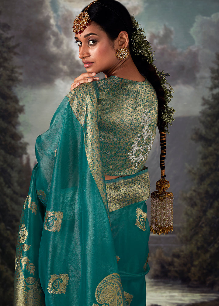 Star Command Blue Zari Embellished Banarasi Organza Silk Saree