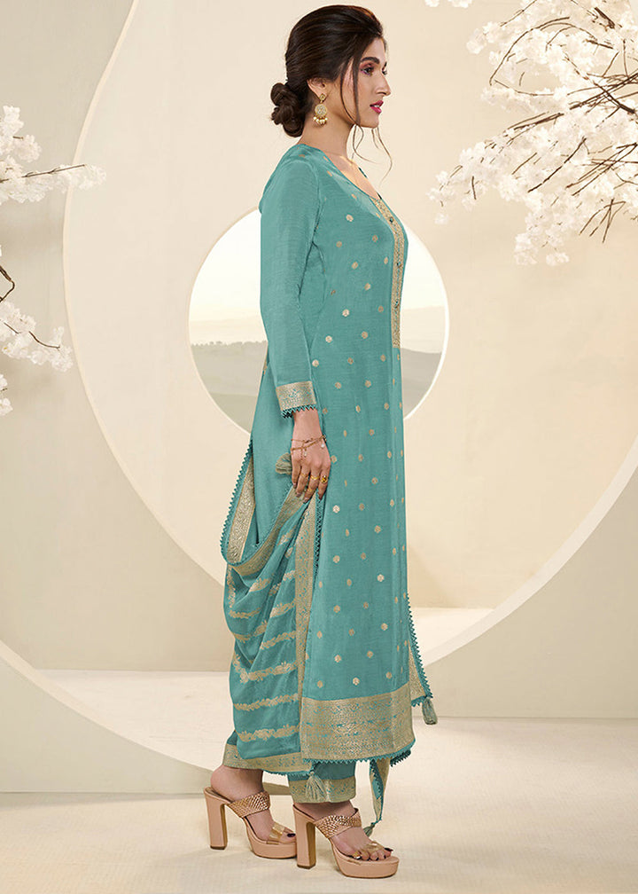 Sea Green Jacquard Muslin Suit with Buttis & Handwork