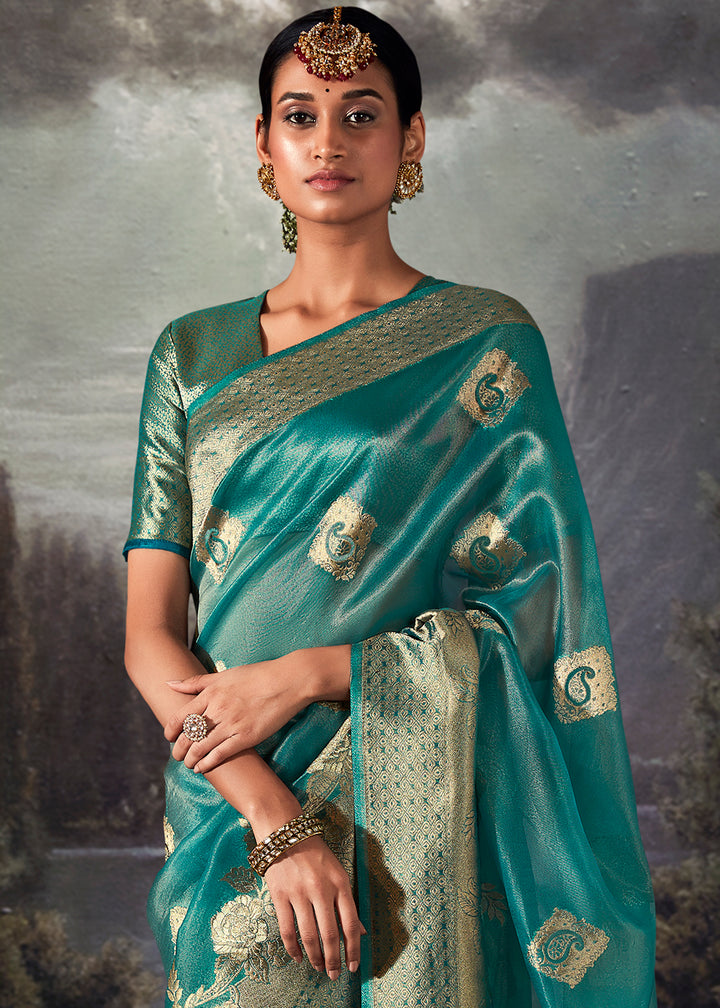 Star Command Blue Zari Embellished Banarasi Organza Silk Saree
