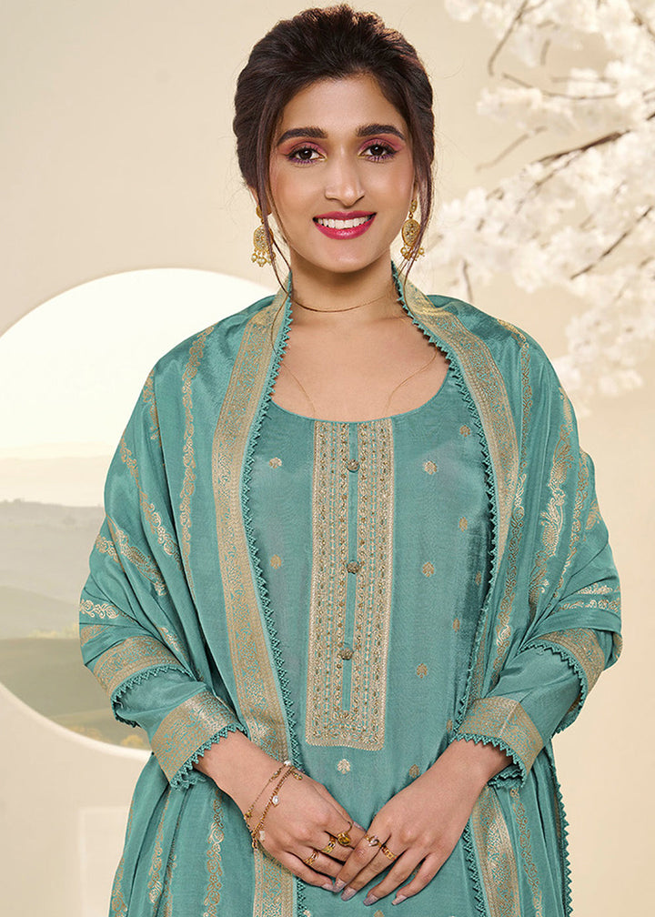 Sea Green Jacquard Muslin Suit with Buttis & Handwork