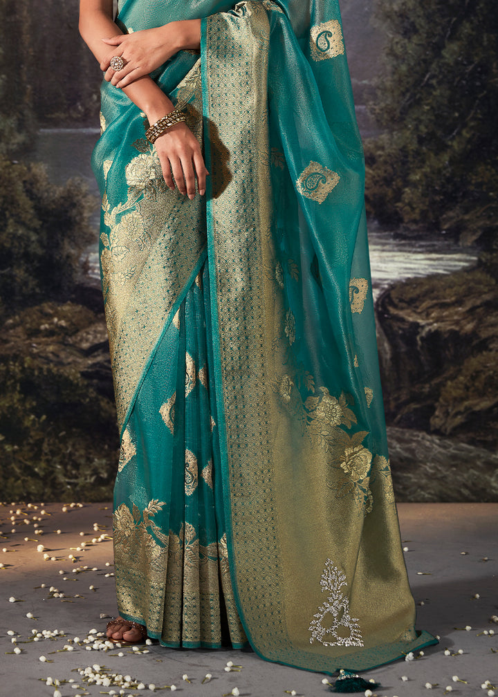 Star Command Blue Zari Embellished Banarasi Organza Silk Saree