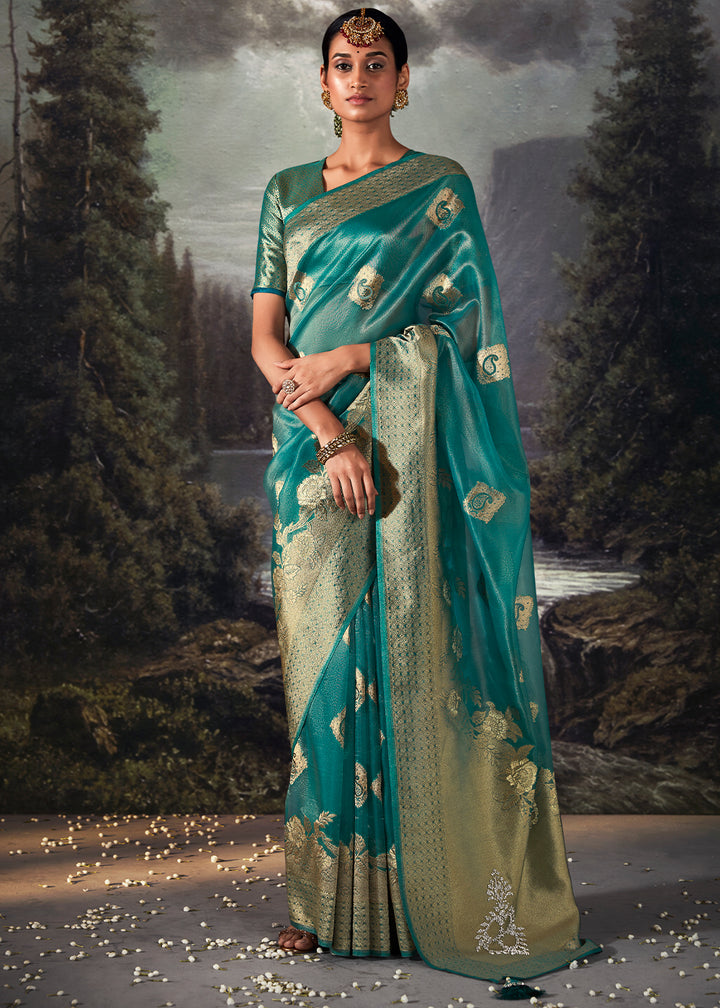 Star Command Blue Zari Embellished Banarasi Organza Silk Saree