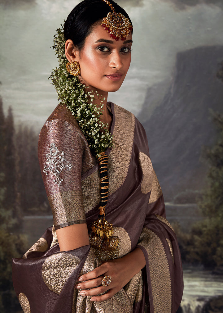 Heather Purple Zari Embellished Banarasi Organza Silk Saree