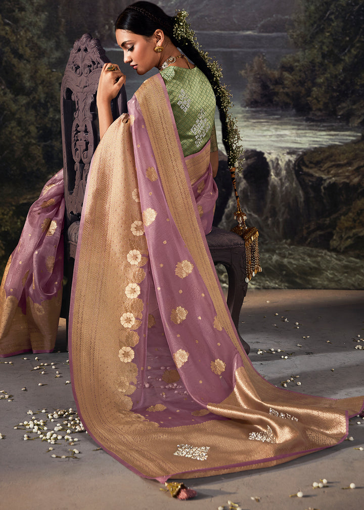 Floral Purple Zari Embellished Banarasi Organza Silk Saree