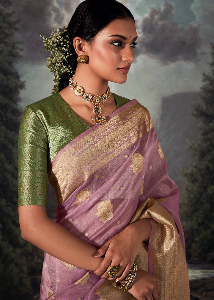 Floral Purple Zari Embellished Banarasi Organza Silk Saree