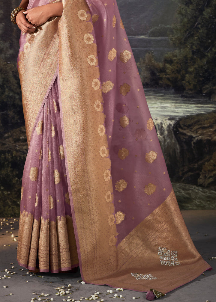 Floral Purple Zari Embellished Banarasi Organza Silk Saree