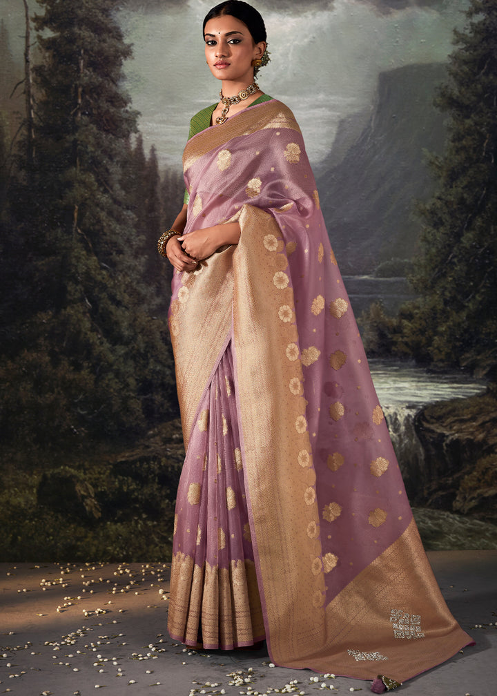 Floral Purple Zari Embellished Banarasi Organza Silk Saree