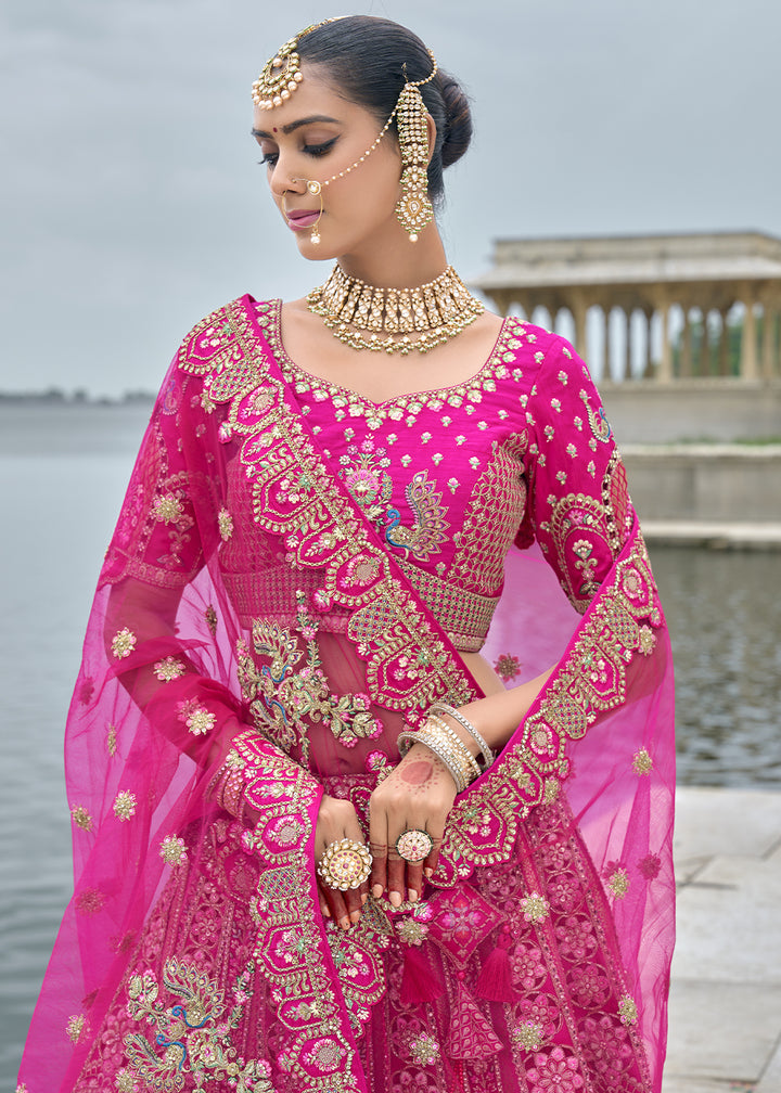 Magenta Pink Banarasi Silk Lehenga Choli with Elegant Khatli Work and Handcrafted Embroidery