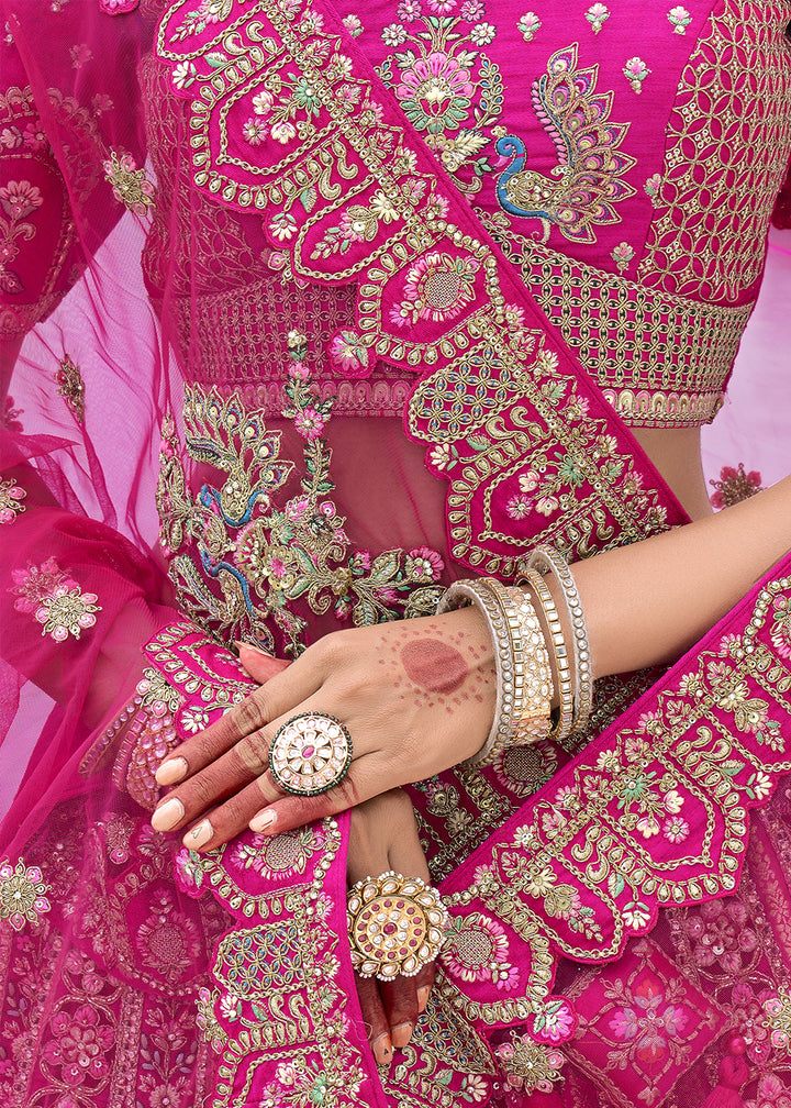 Magenta Pink Banarasi Silk Lehenga Choli with Elegant Khatli Work and Handcrafted Embroidery