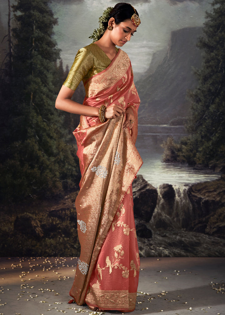 Brink Pink Zari Embellished Banarasi Organza Silk Saree