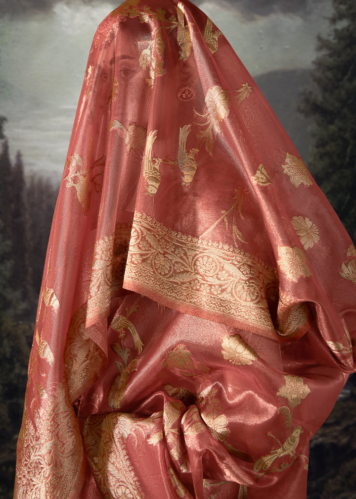 Brink Pink Zari Embellished Banarasi Organza Silk Saree
