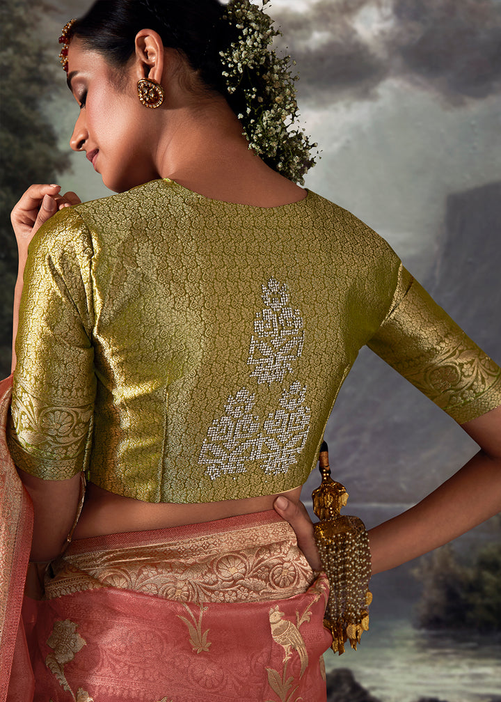 Brink Pink Zari Embellished Banarasi Organza Silk Saree