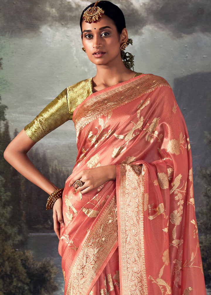 Brink Pink Zari Embellished Banarasi Organza Silk Saree