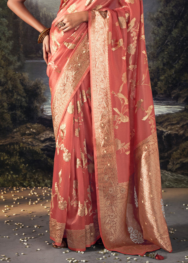 Brink Pink Zari Embellished Banarasi Organza Silk Saree