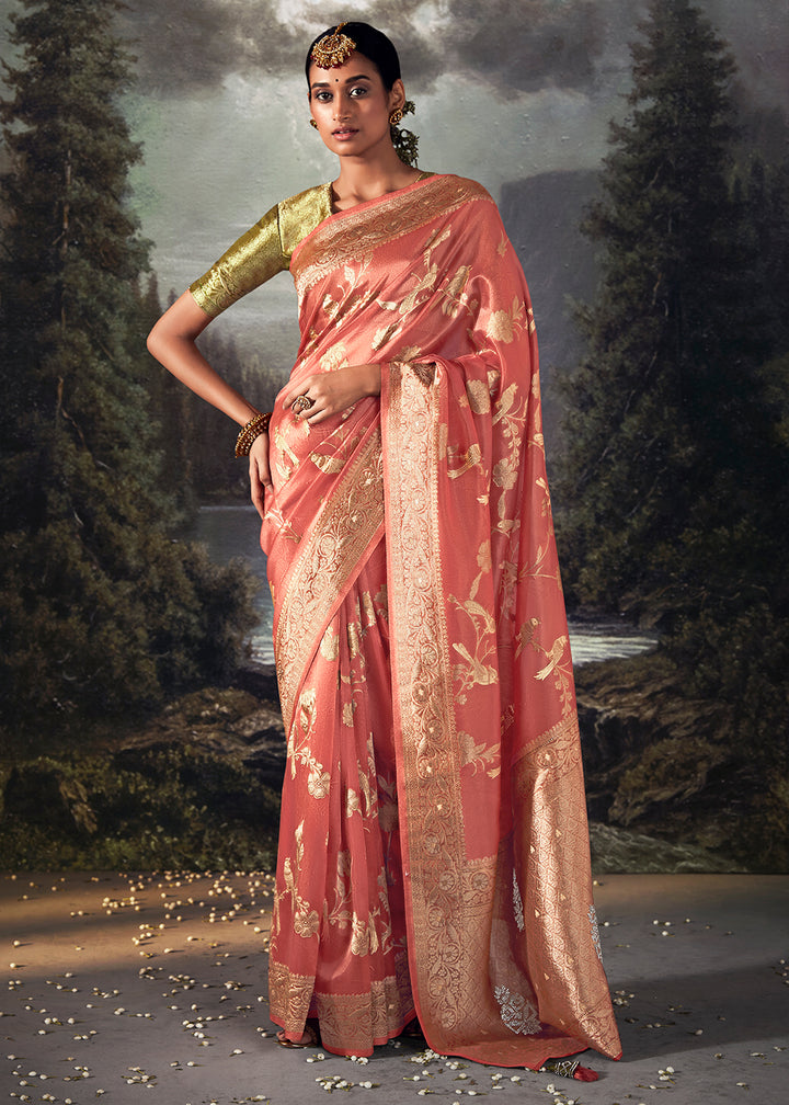 Brink Pink Zari Embellished Banarasi Organza Silk Saree