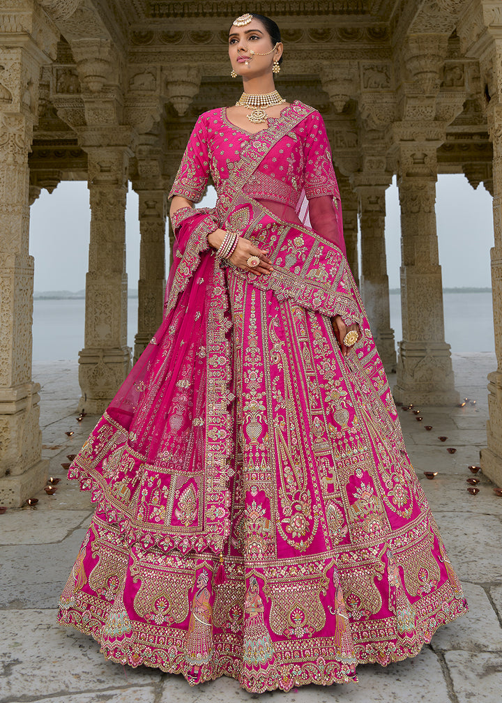 Hot Pink Banarasi Silk Lehenga Choli with Elegant Khatli Work and Handcrafted Embroidery