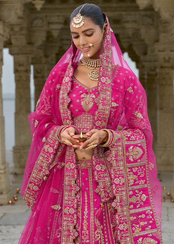 Hot Pink Banarasi Silk Lehenga Choli with Elegant Khatli Work and Handcrafted Embroidery