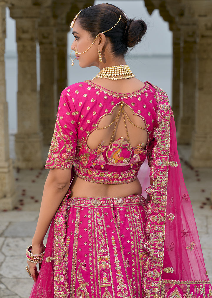 Hot Pink Banarasi Silk Lehenga Choli with Elegant Khatli Work and Handcrafted Embroidery