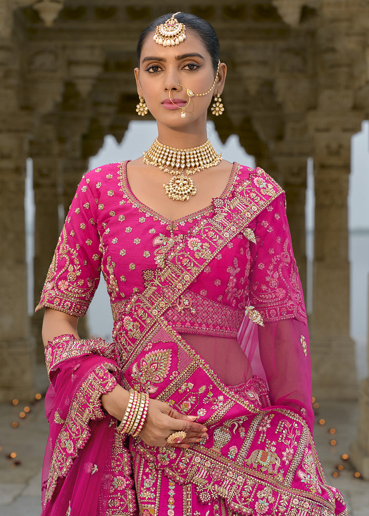 Hot Pink Banarasi Silk Lehenga Choli with Elegant Khatli Work and Handcrafted Embroidery
