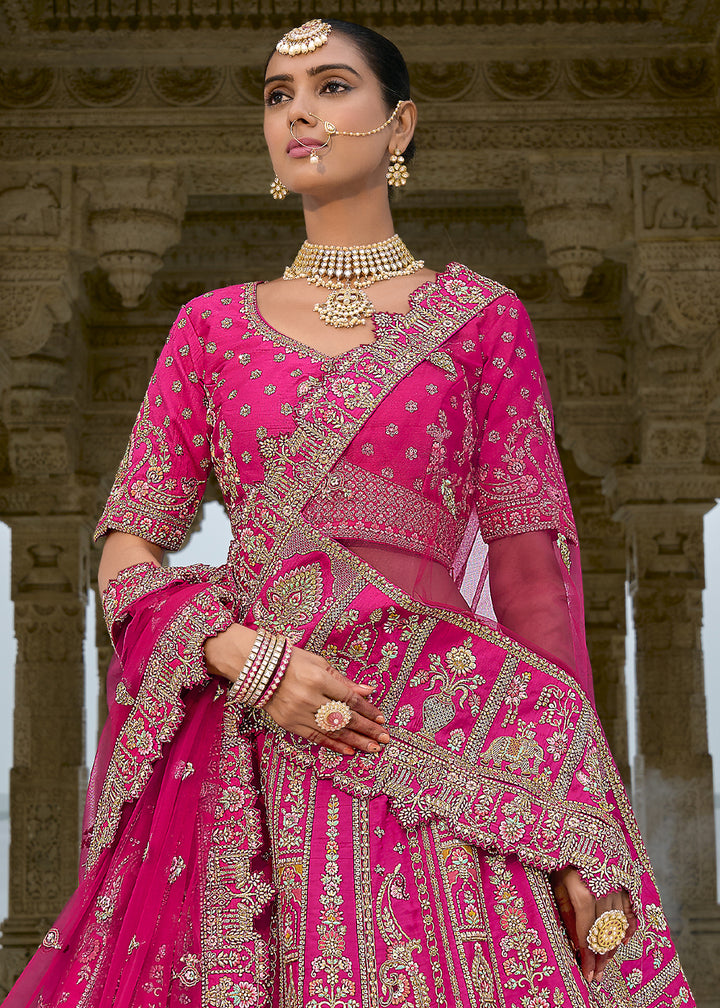 Hot Pink Banarasi Silk Lehenga Choli with Elegant Khatli Work and Handcrafted Embroidery