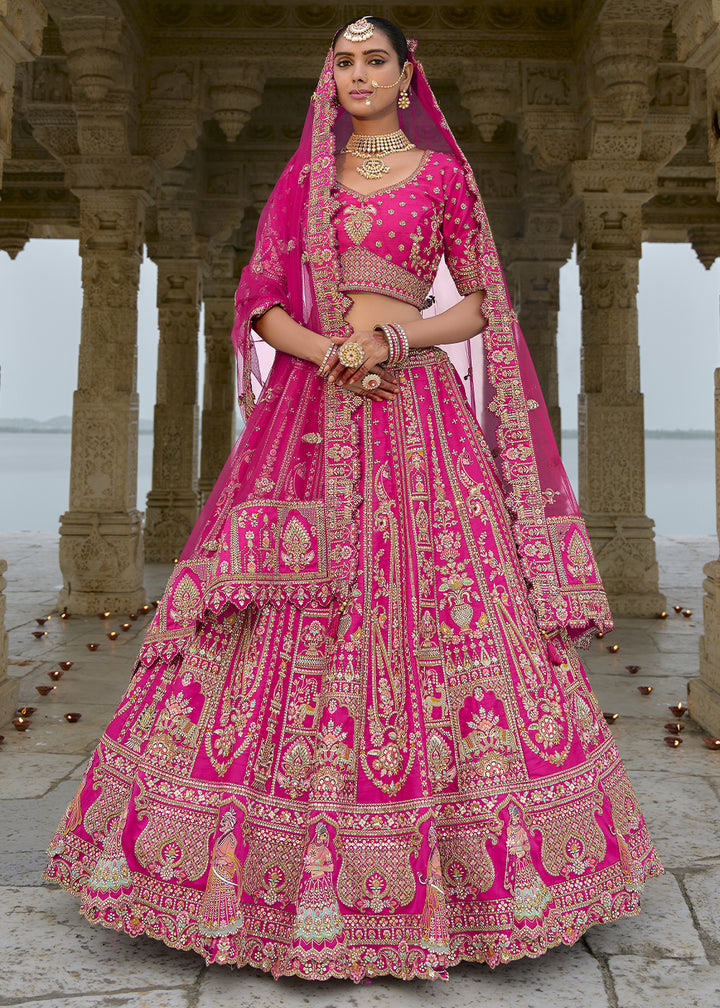 Hot Pink Banarasi Silk Lehenga Choli with Elegant Khatli Work and Handcrafted Embroidery